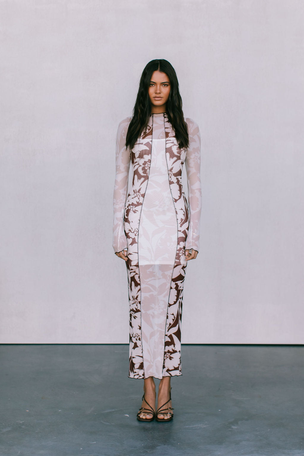 Rochelle Dress - Beige/Chocolate Brown Floral Mesh