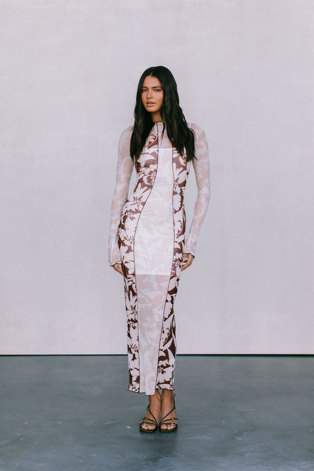 Rochelle Dress - Beige/Chocolate Brown Floral Mesh