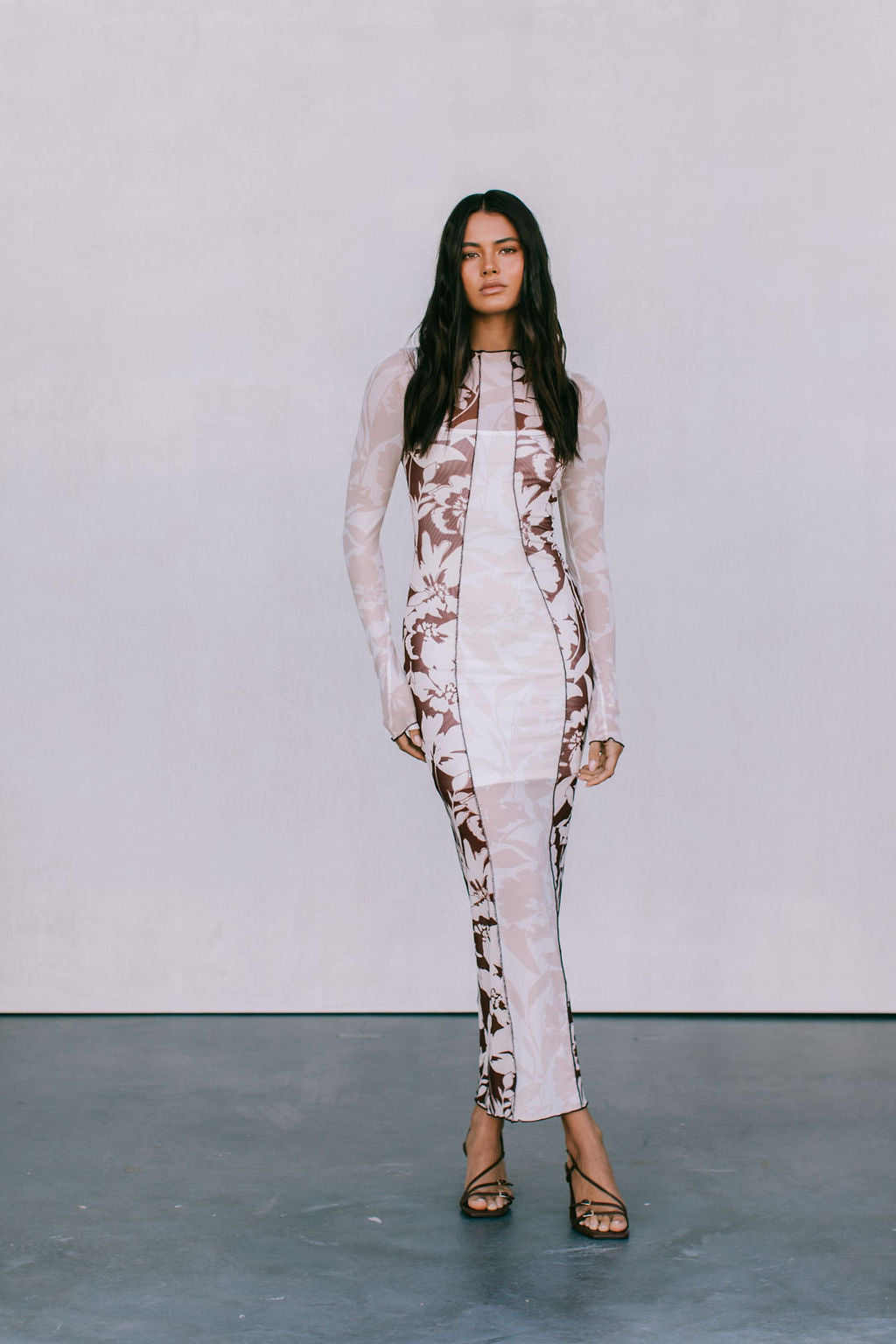 Rochelle Dress - Beige/Chocolate Brown Floral Mesh