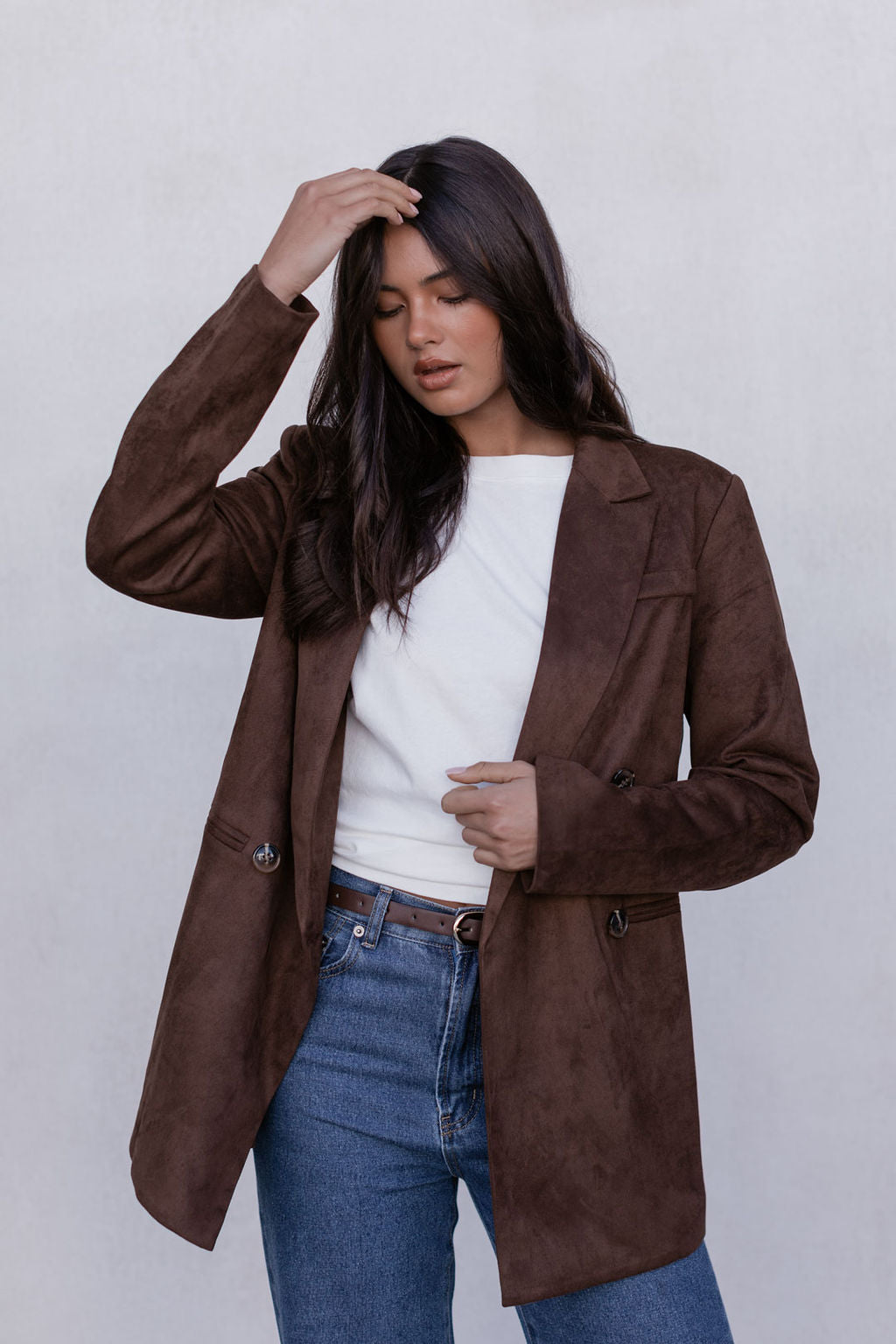Yanni Oversized Blazer - Chocolate Brown Suede Look