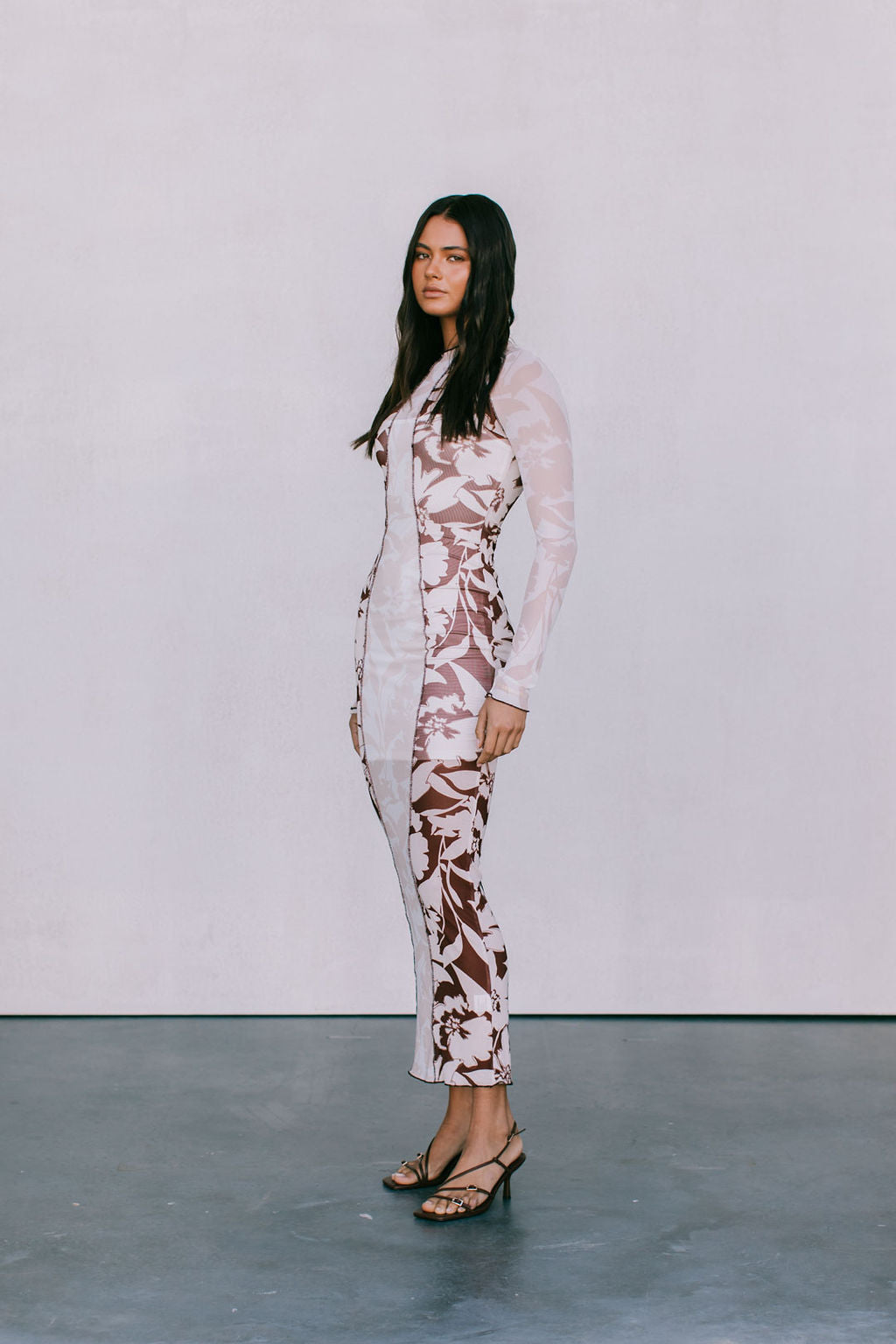 Rochelle Dress - Beige/Chocolate Brown Floral Mesh