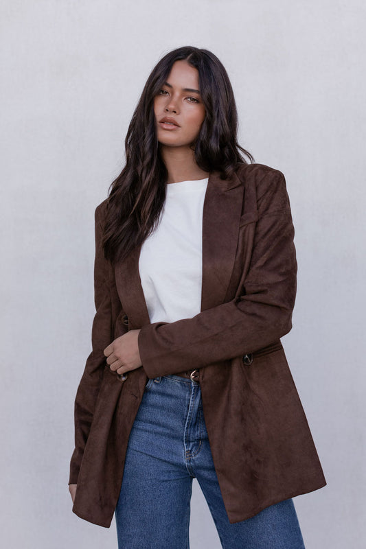 Yanni Oversized Blazer - Chocolate Brown Suede Look