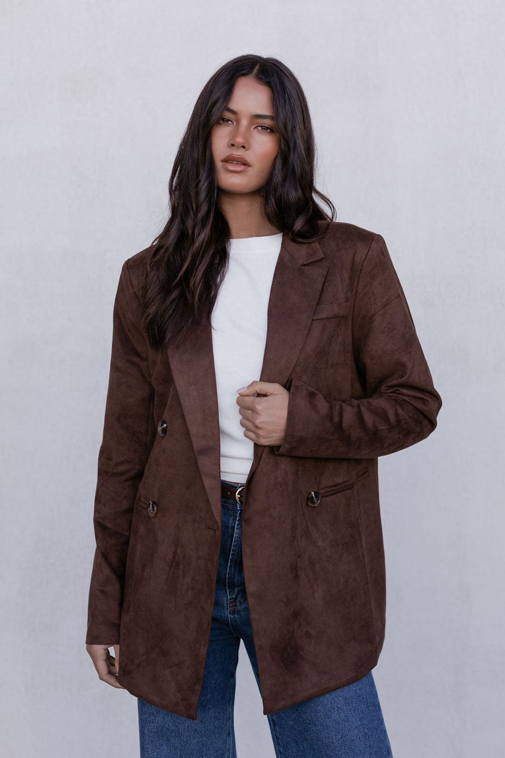 Yanni Oversized Blazer - Chocolate Brown Suede Look