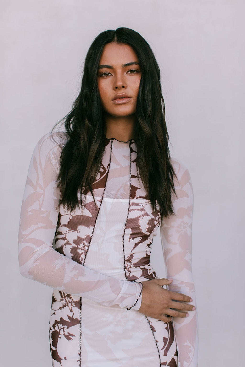 Rochelle Dress - Beige/Chocolate Brown Floral Mesh