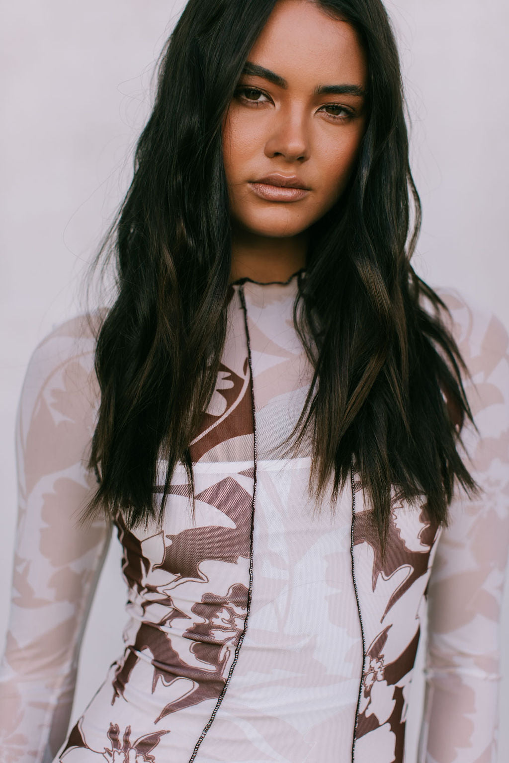 Rochelle Dress - Beige/Chocolate Brown Floral Mesh