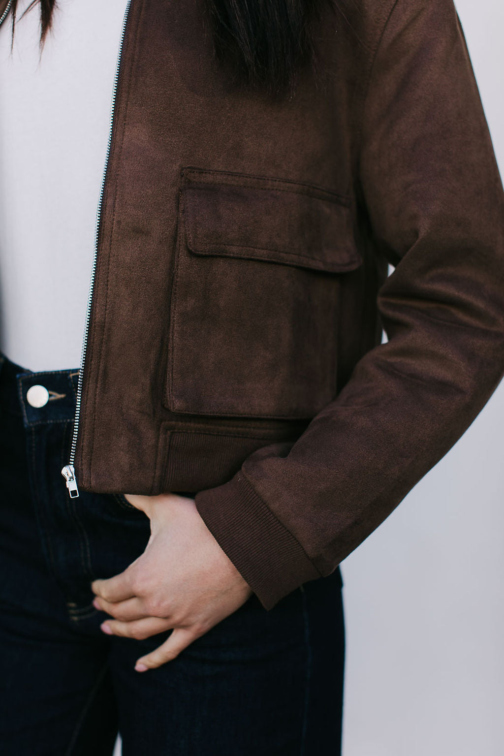 Gracelyn Bomber Jacket - Chocolate Brown Suede Look