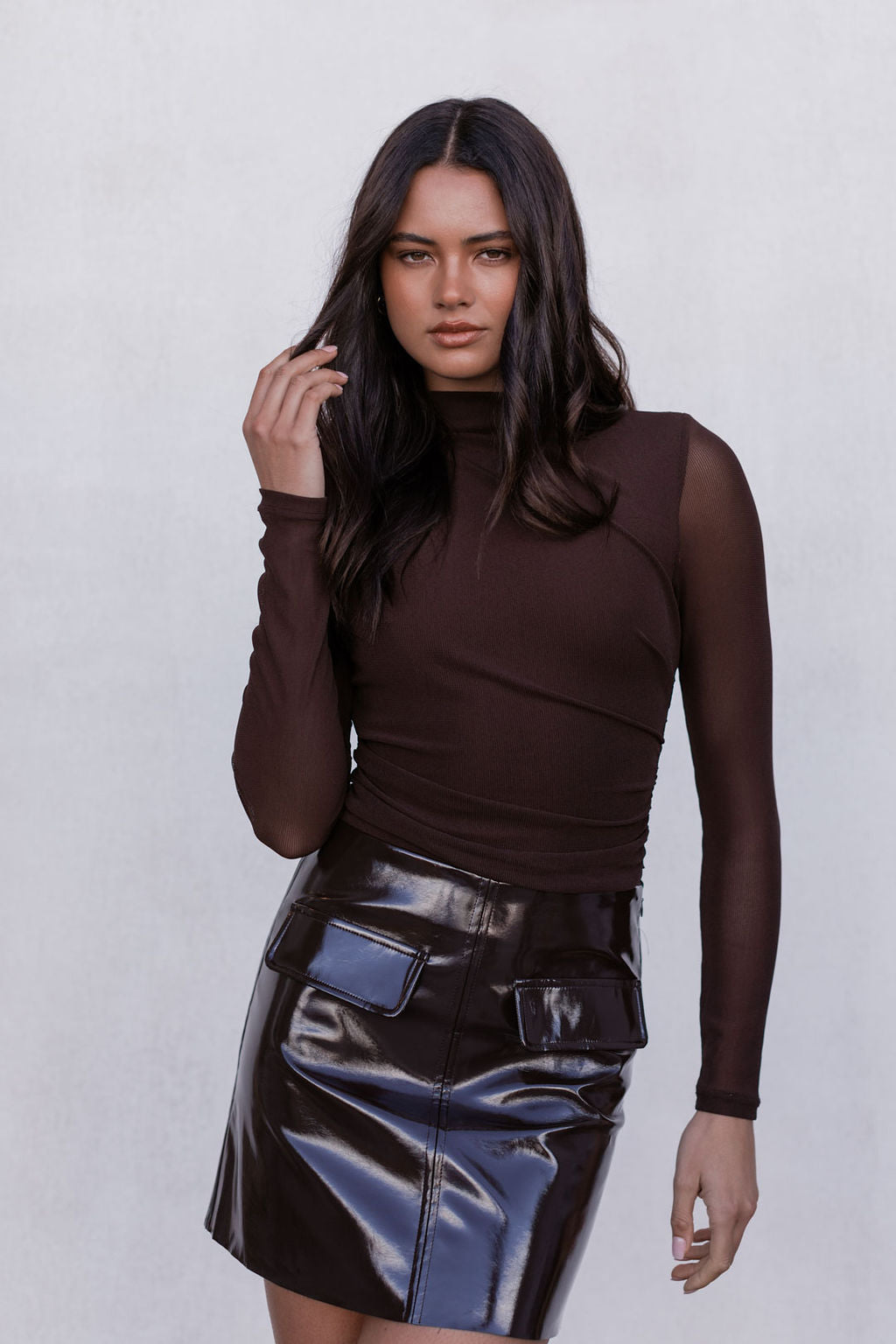 Issy Mini Skirt - Deep Brown Patent