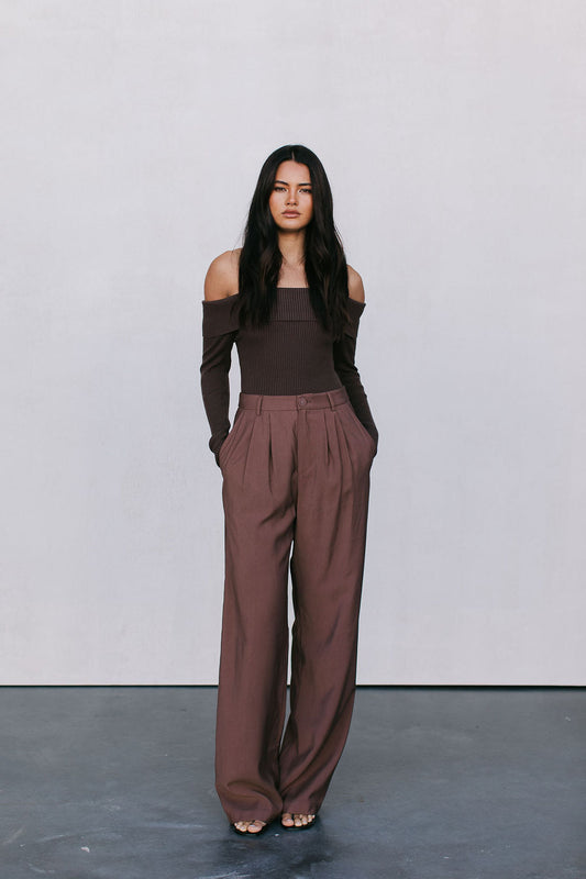 Kahlea Off-Shoulder Bodysuit - Chocolate Brown Knit