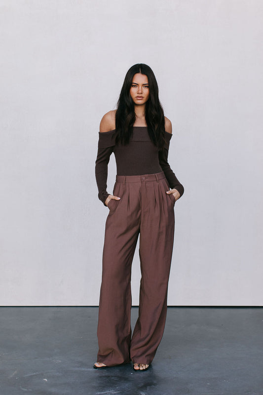 Kahlea Off-Shoulder Bodysuit - Chocolate Brown Knit