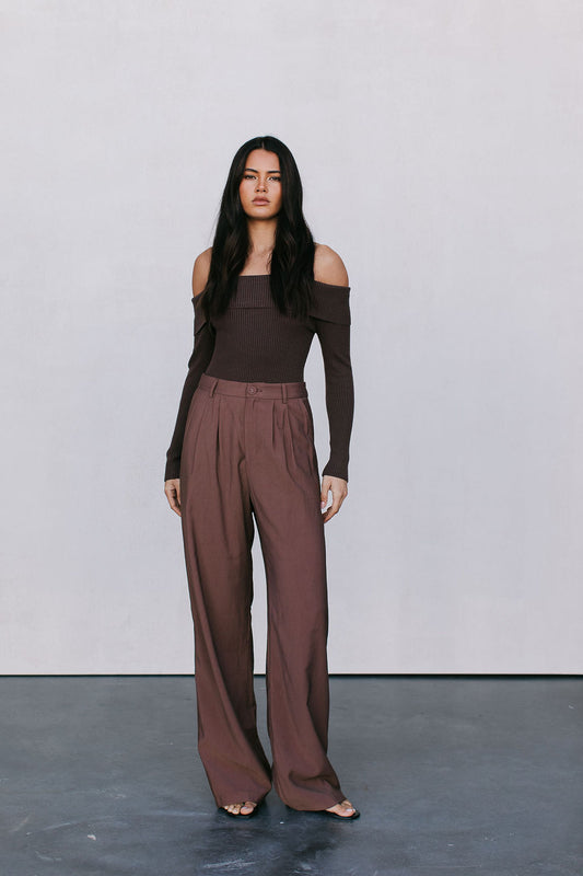 Kahlea Off-Shoulder Bodysuit - Chocolate Brown Knit