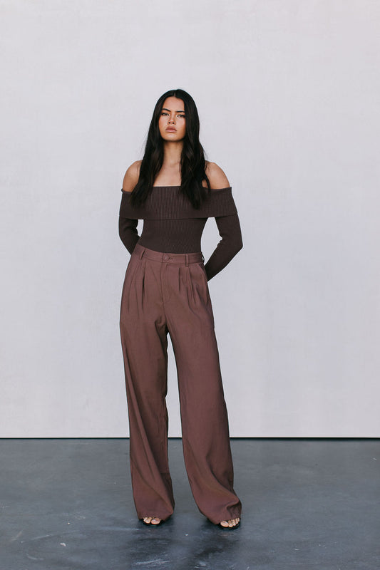 Kahlea Off-Shoulder Bodysuit - Chocolate Brown Knit