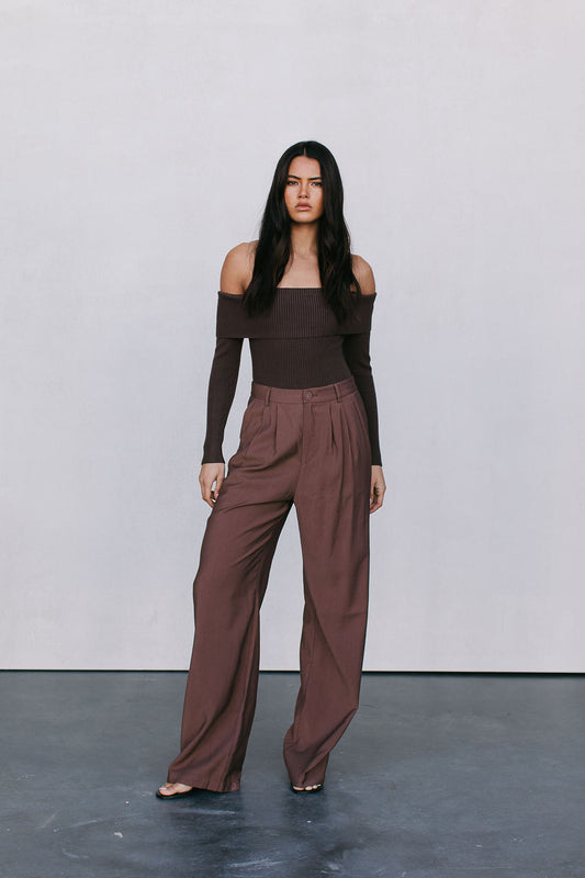 Kahlea Off-Shoulder Bodysuit - Chocolate Brown Knit
