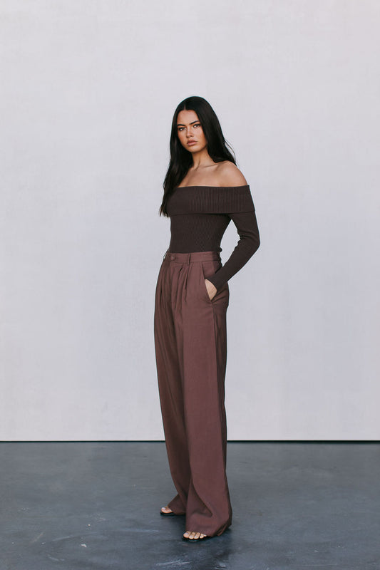 Kahlea Off-Shoulder Bodysuit - Chocolate Brown Knit