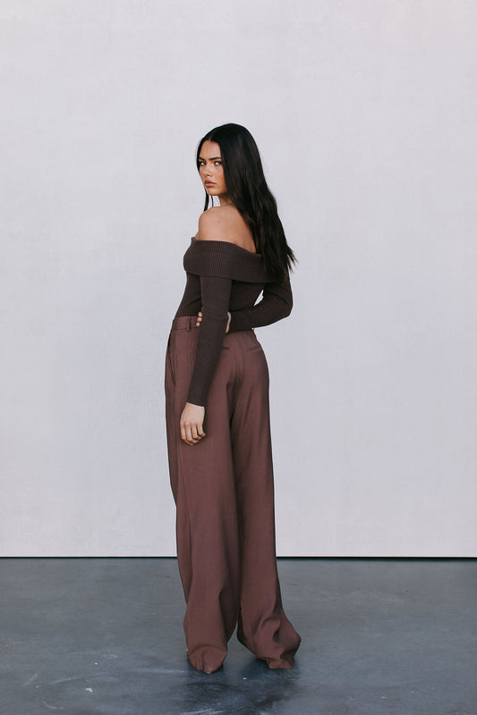 Kahlea Off-Shoulder Bodysuit - Chocolate Brown Knit