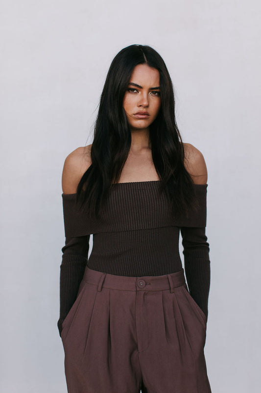 Kahlea Off-Shoulder Bodysuit - Chocolate Brown Knit
