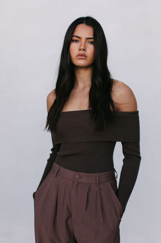 Kahlea Off-Shoulder Bodysuit - Chocolate Brown Knit