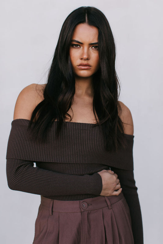 Kahlea Off-Shoulder Bodysuit - Chocolate Brown Knit
