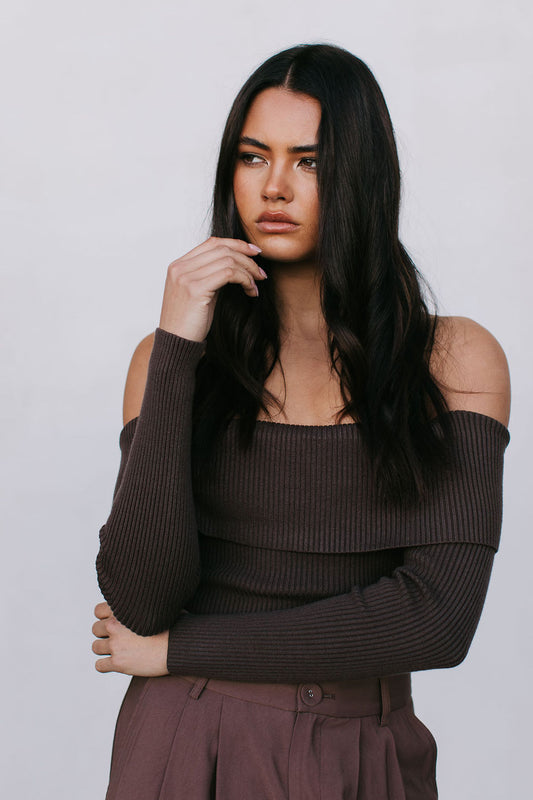 Kahlea Off-Shoulder Bodysuit - Chocolate Brown Knit