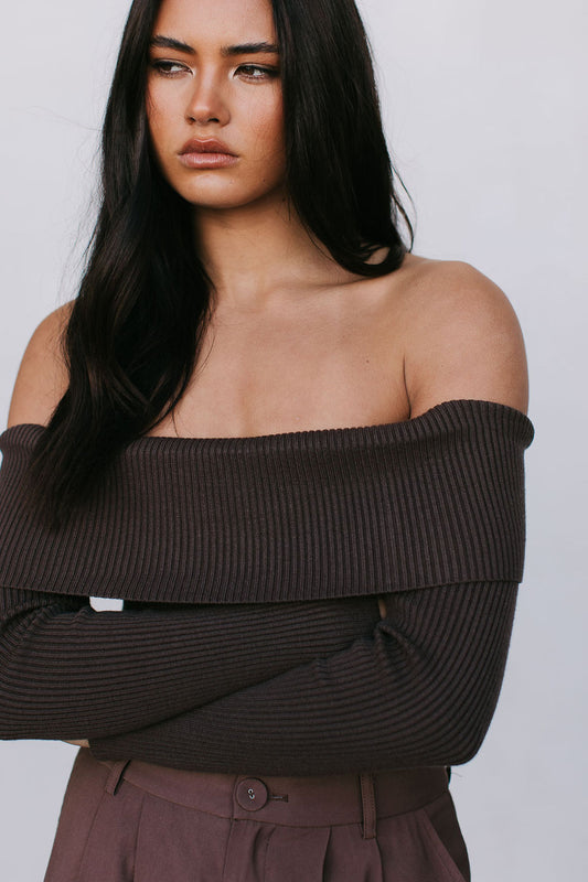 Kahlea Off-Shoulder Bodysuit - Chocolate Brown Knit