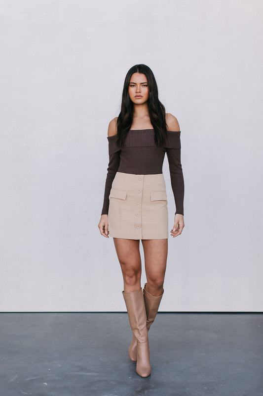 Kahlea Off-Shoulder Bodysuit - Chocolate Brown Knit