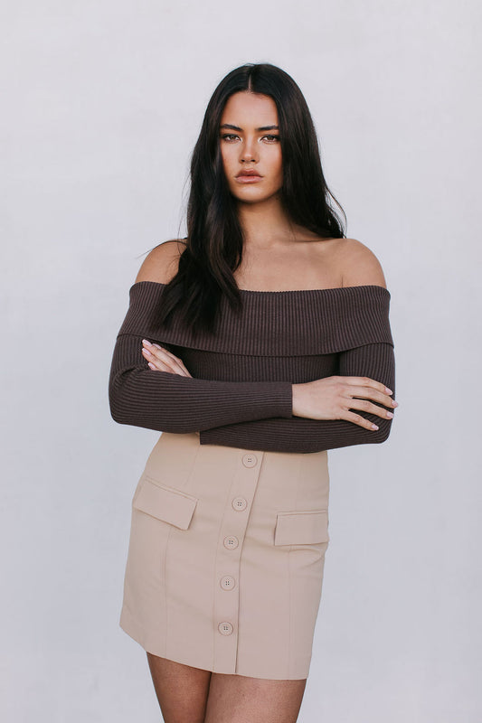Kahlea Off-Shoulder Bodysuit - Chocolate Brown Knit