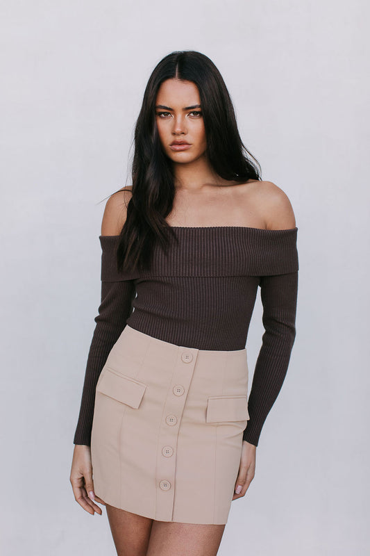 Kahlea Off-Shoulder Bodysuit - Chocolate Brown Knit