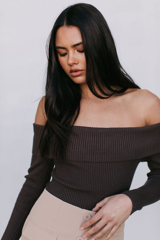 Kahlea Off-Shoulder Bodysuit - Chocolate Brown Knit