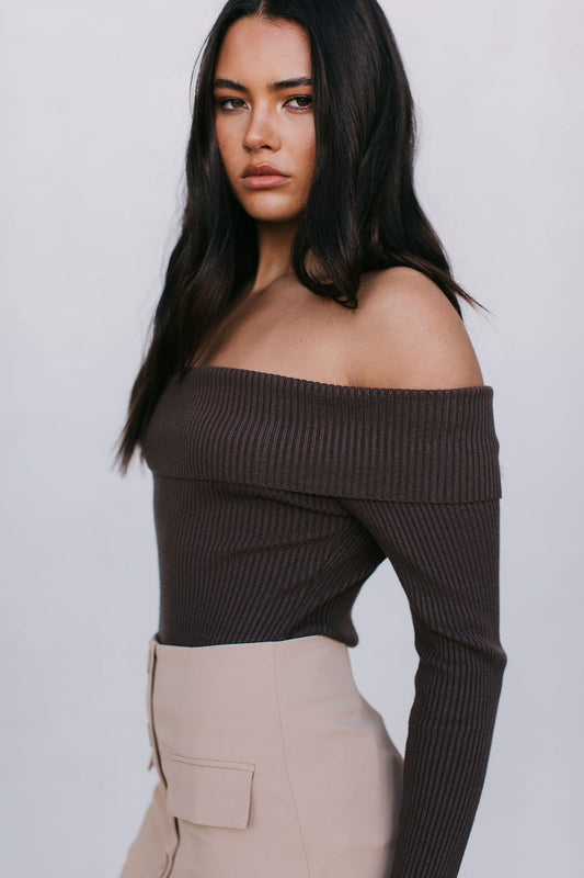 Kahlea Off-Shoulder Bodysuit - Chocolate Brown Knit