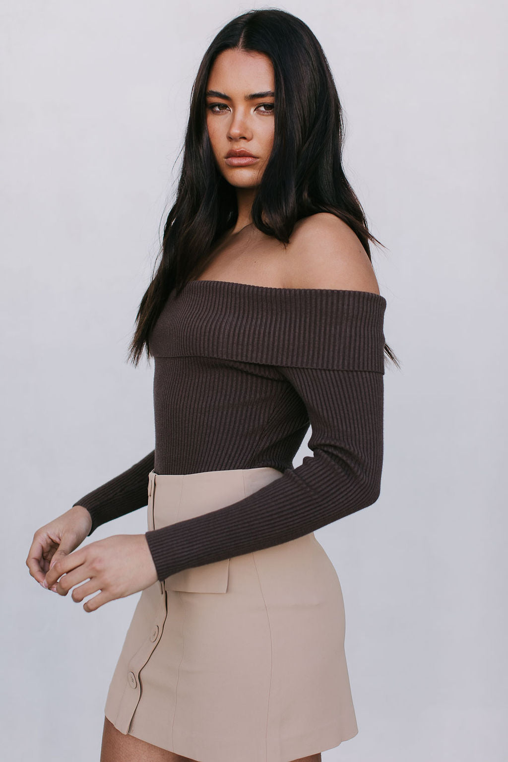 Kahlea Off-Shoulder Bodysuit - Chocolate Brown Knit