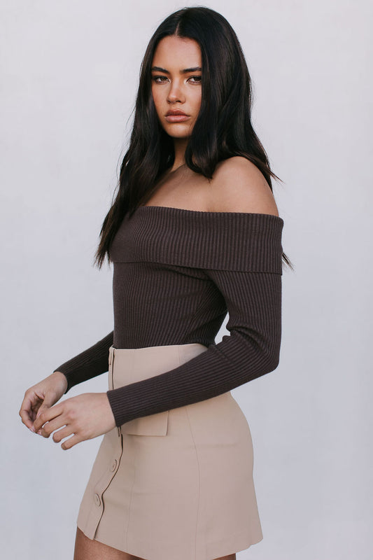 Kahlea Off-Shoulder Bodysuit - Chocolate Brown Knit