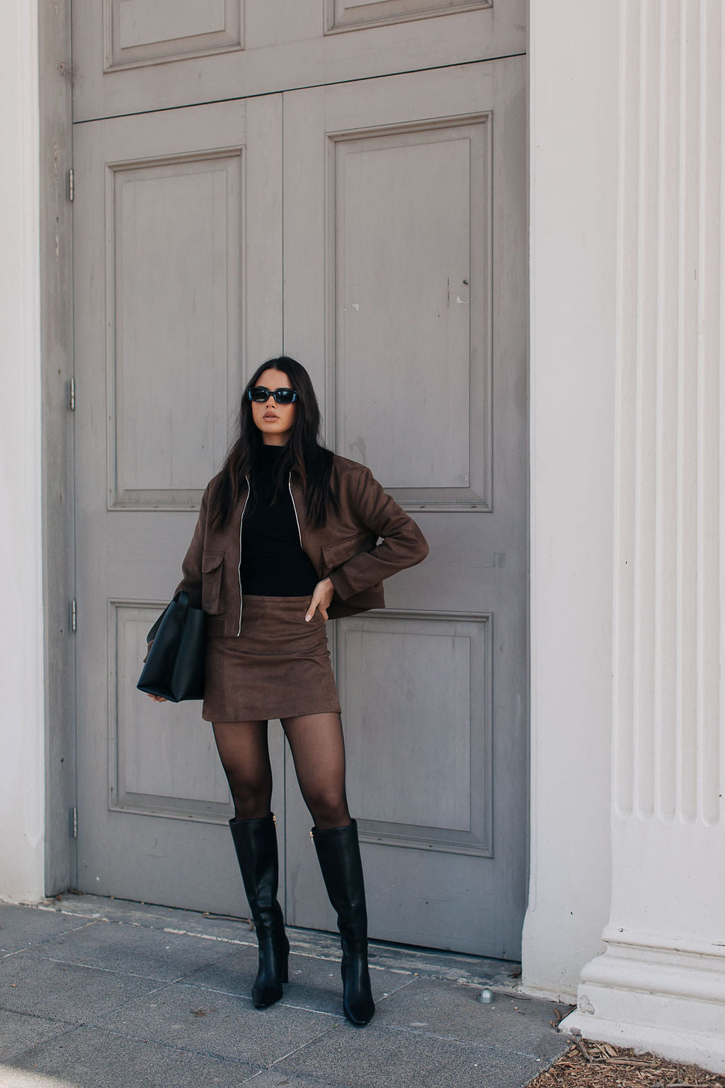 Gracelyn Bomber Jacket - Chocolate Brown Suede Look