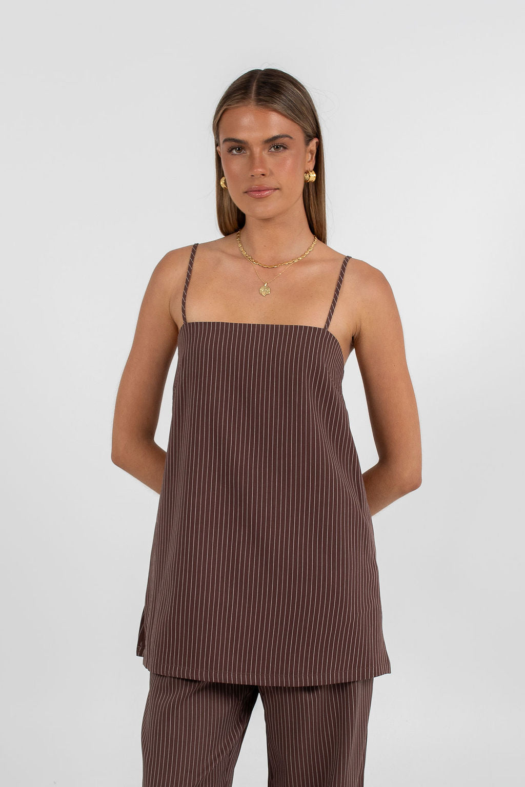 Reina Singlet Top - Chocolate Pinstripe