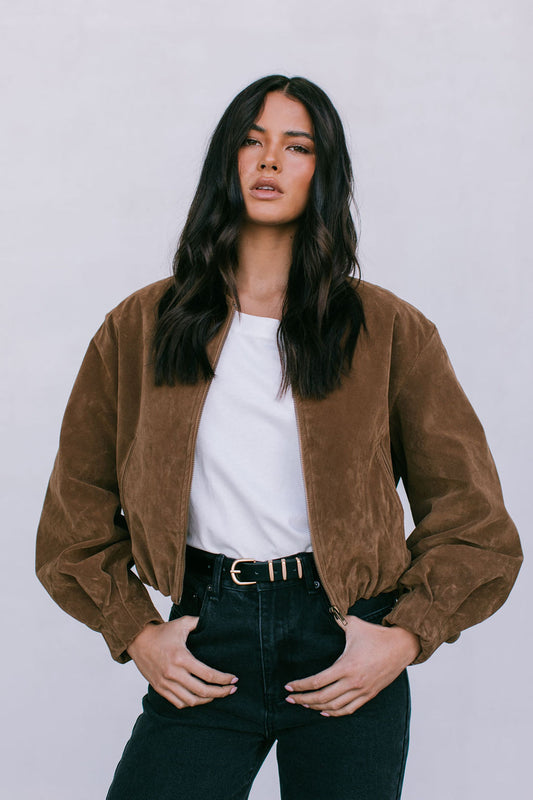 Diego Bomber Jacket - Tan Suede Look