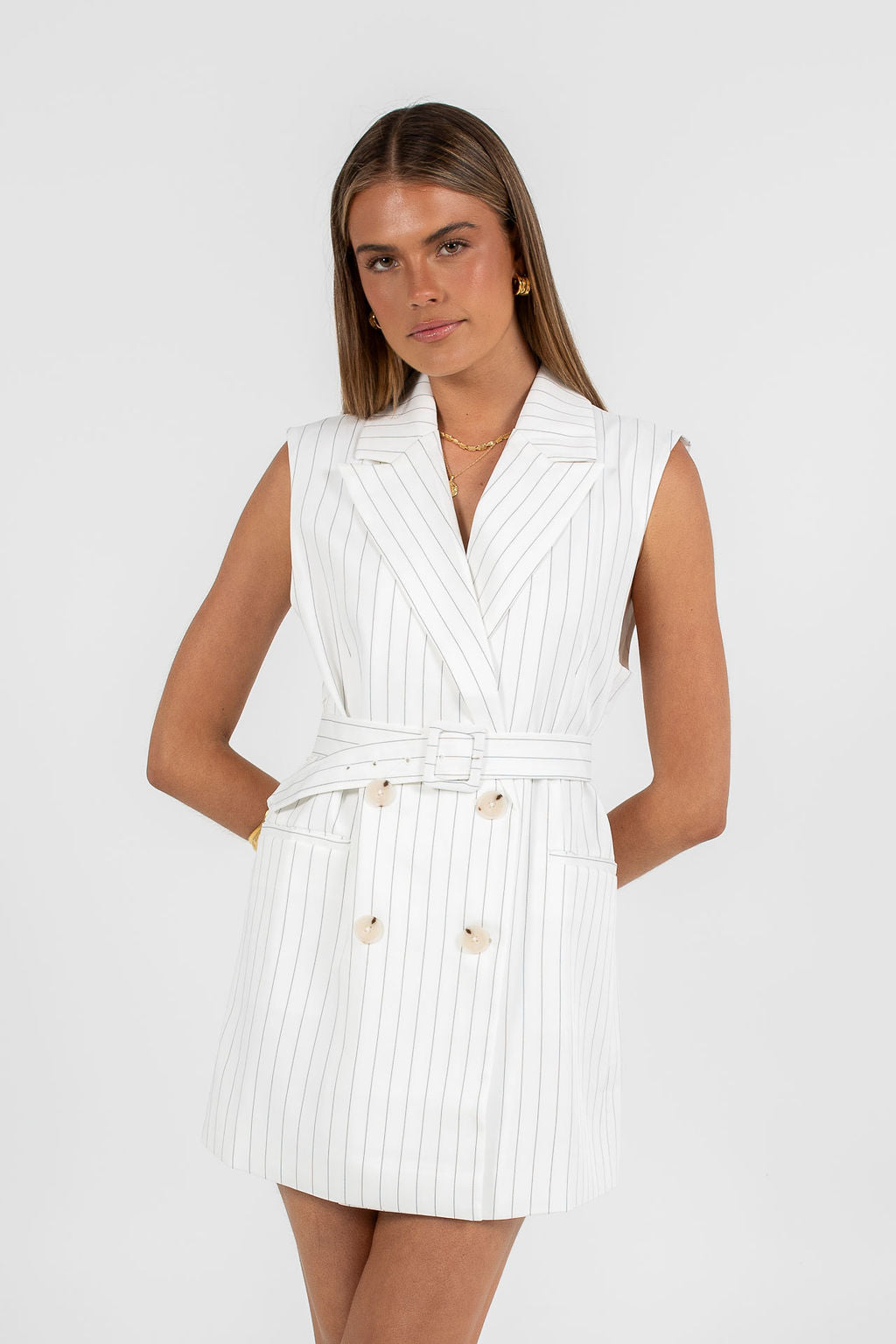 Cullen Mini Blazer Dress - White Pinstripe