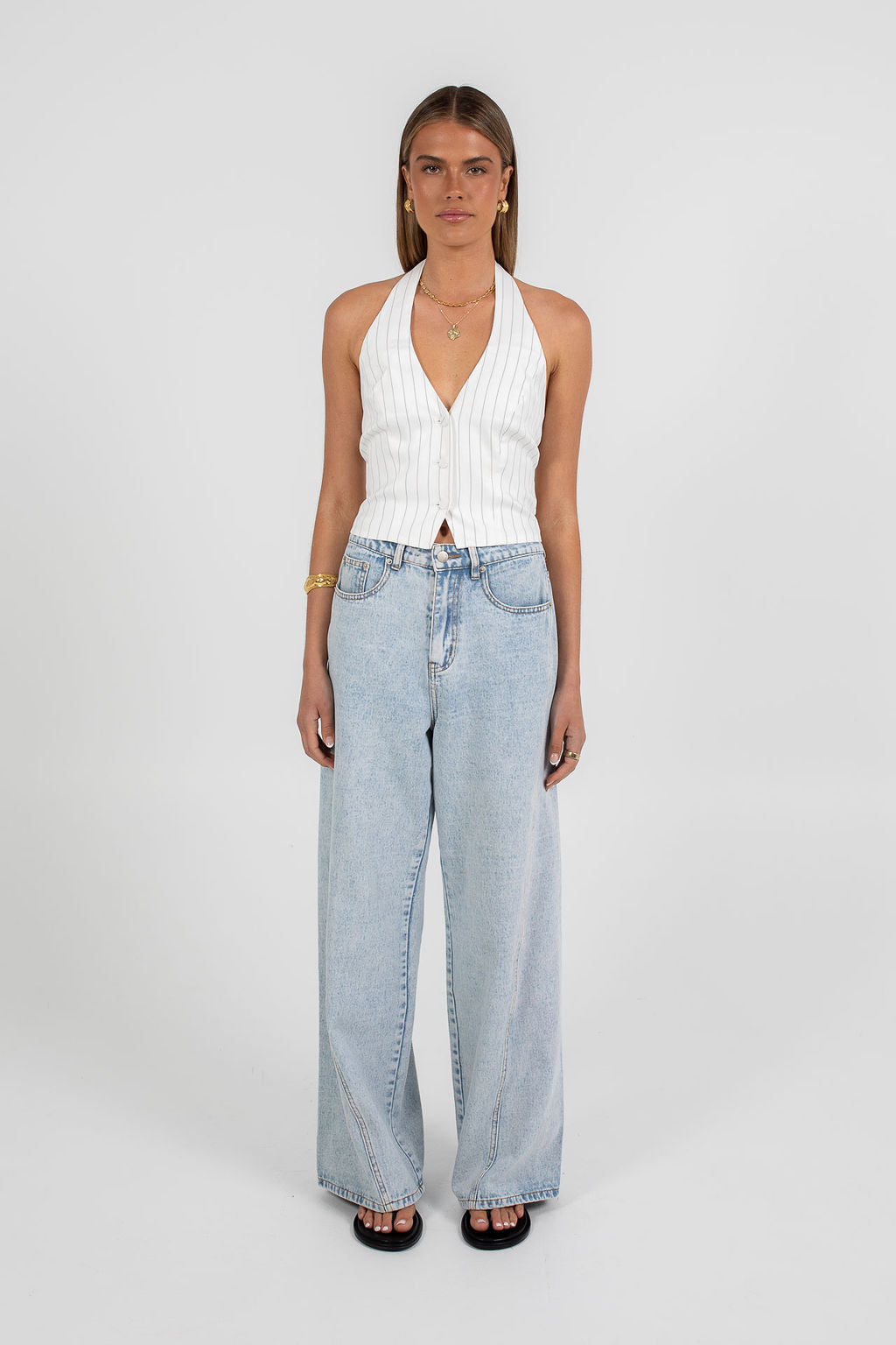 Marnie Halter Top White Pinstripe