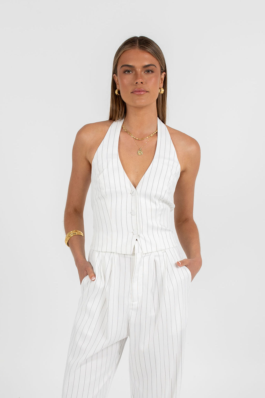 Marnie Halter Top White Pinstripe