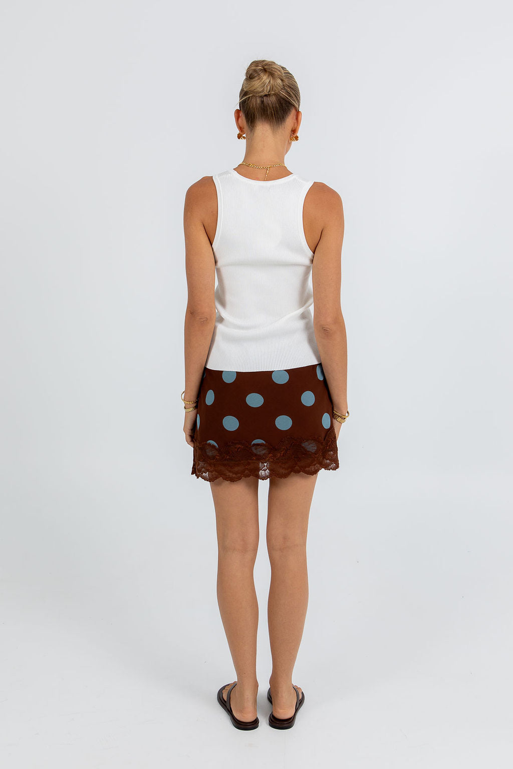 Quorra Skirt - Chocolate/Blue Polka Dot