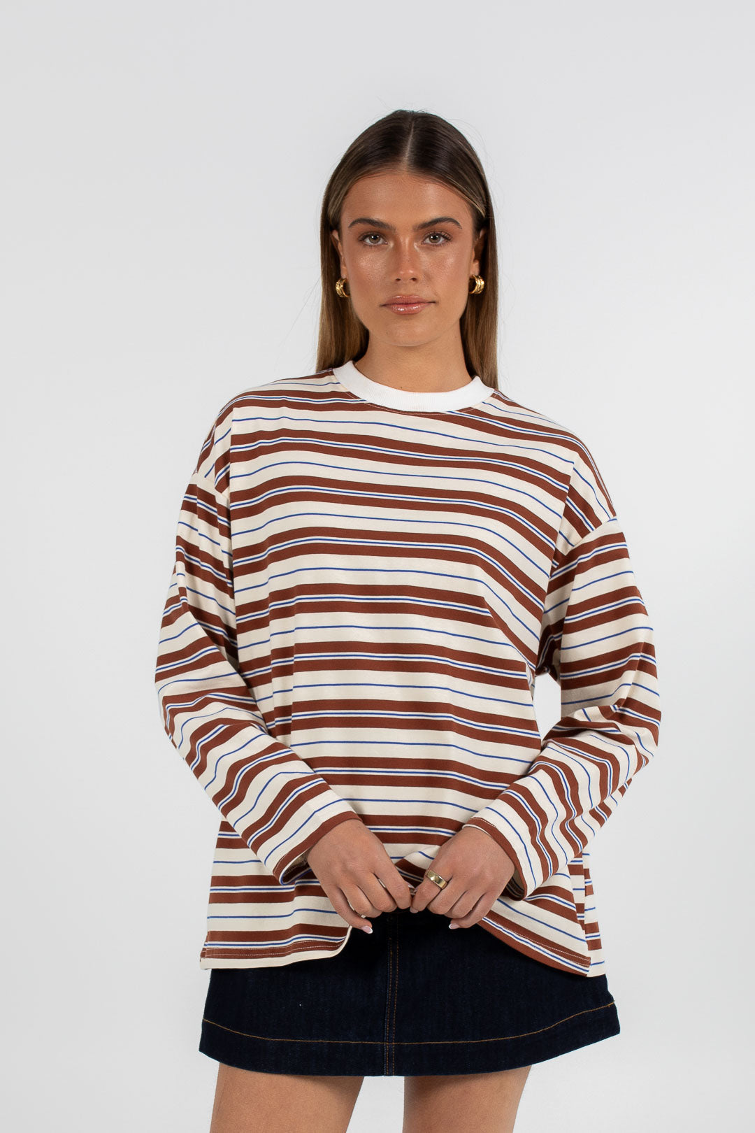 COMING SOON - Xina Long-sleeve Top - Cream/ Chocolate Stripe
