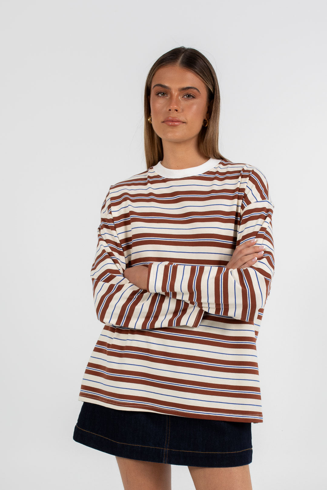 COMING SOON - Xina Long-sleeve Top - Cream/ Chocolate Stripe