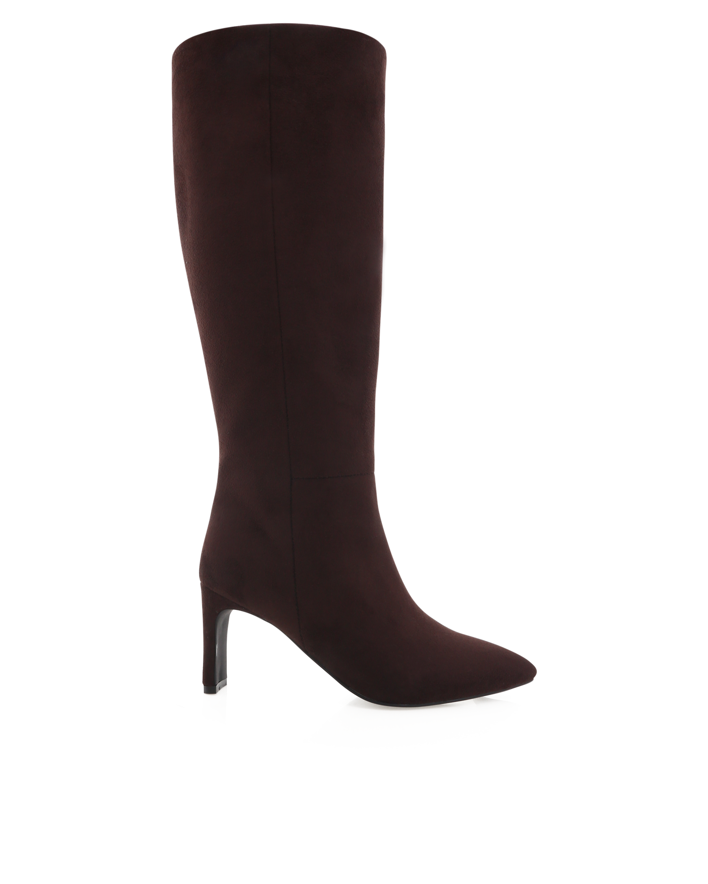 Chocolate brown suede knee-high boot with a pointed toe and high heel.