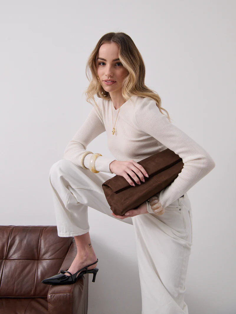 Becca Clutch Bag - Chocolate Brown Suede Look