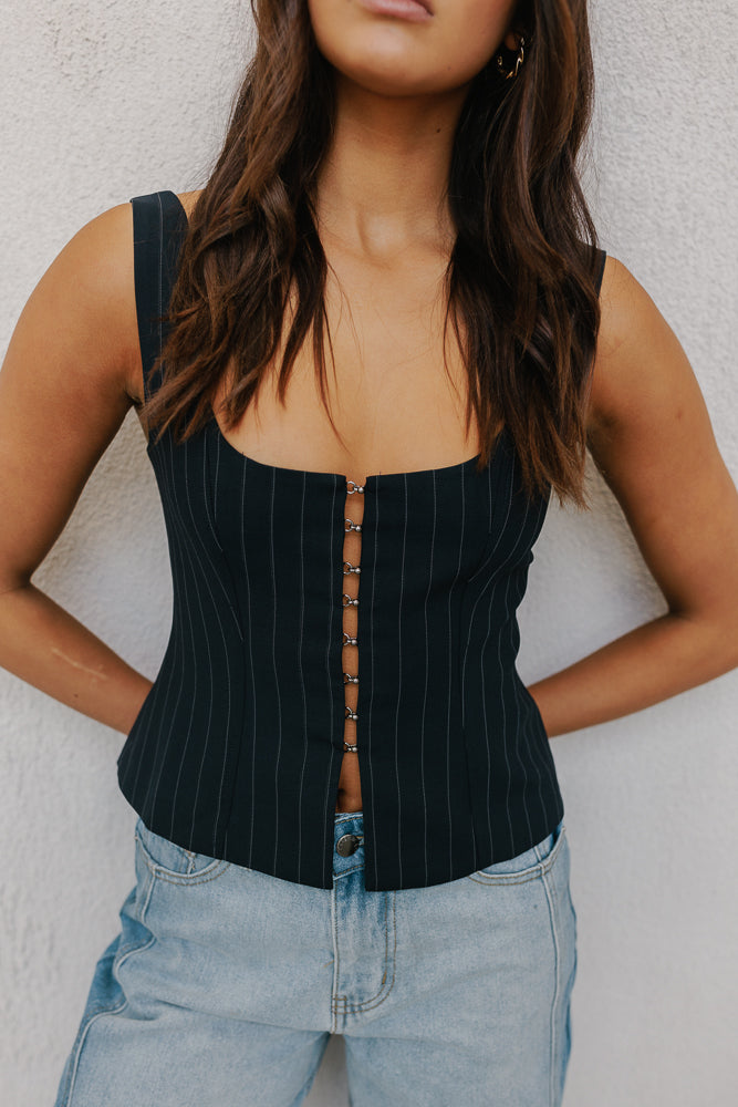Addison Top Navy Pinstripe