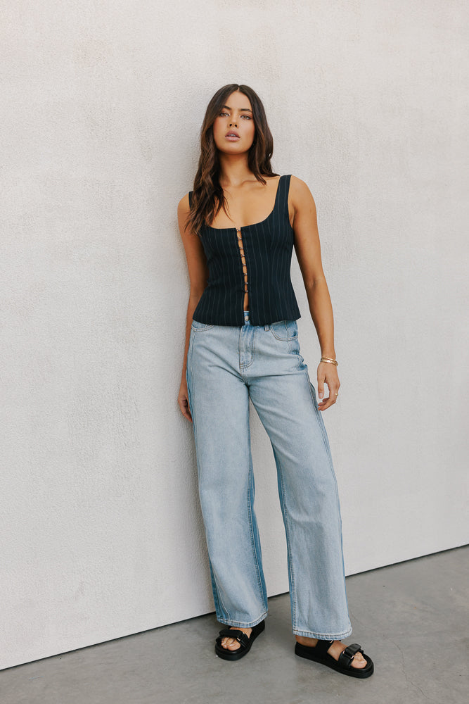 Addison Top Navy Pinstripe