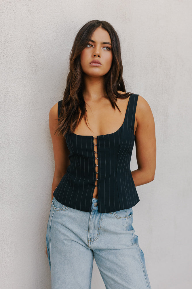 Addison Top Navy Pinstripe