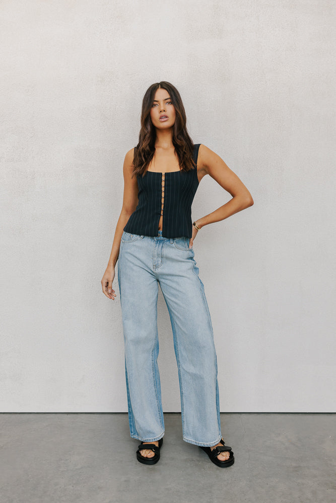 Addison Top Navy Pinstripe
