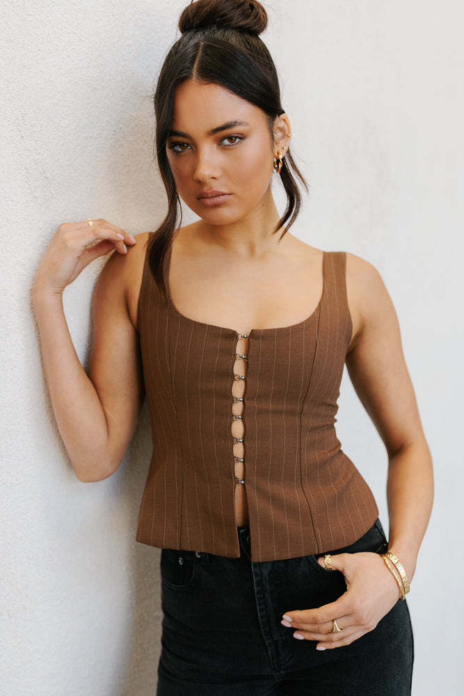 Amie Top Chocolate Pinstripe