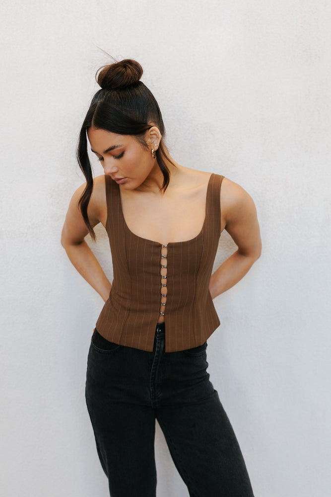 Amie Top Chocolate Pinstripe