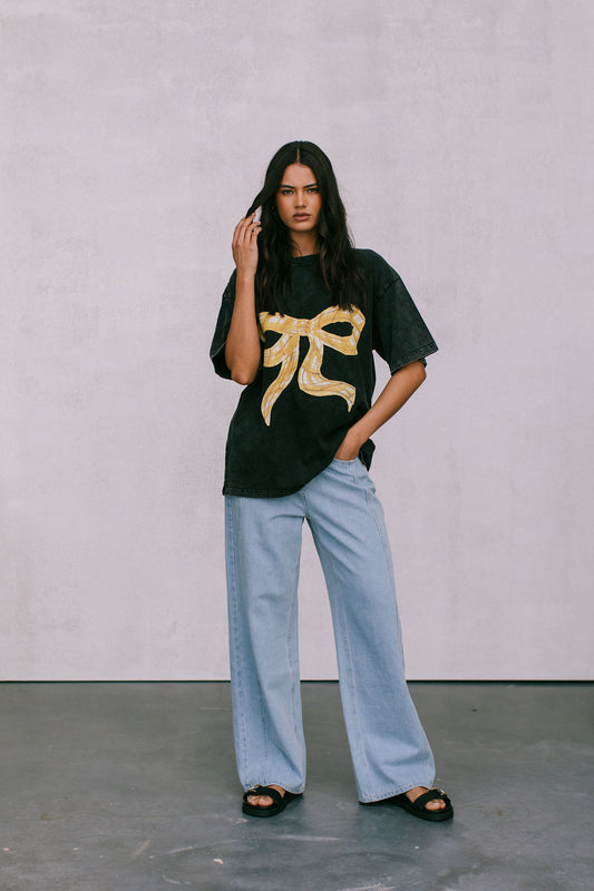 Big Bowtie Tee - Black Acid Wash