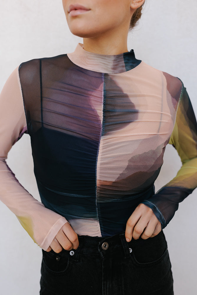 Beau Long-sleeve Top - Watercolour Print Mesh