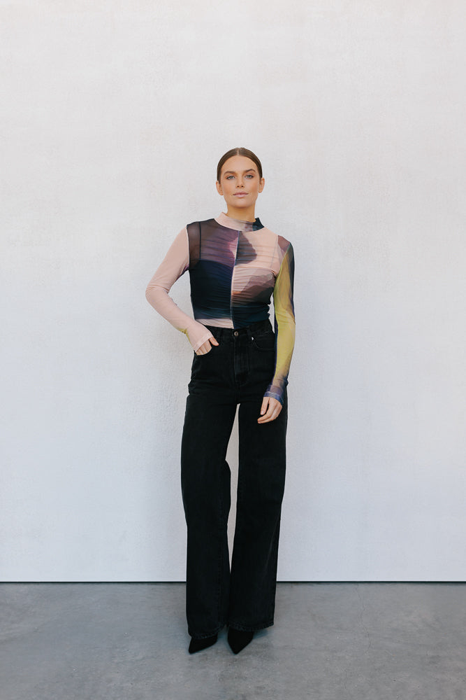 Beau Long-sleeve Top - Watercolour Print Mesh